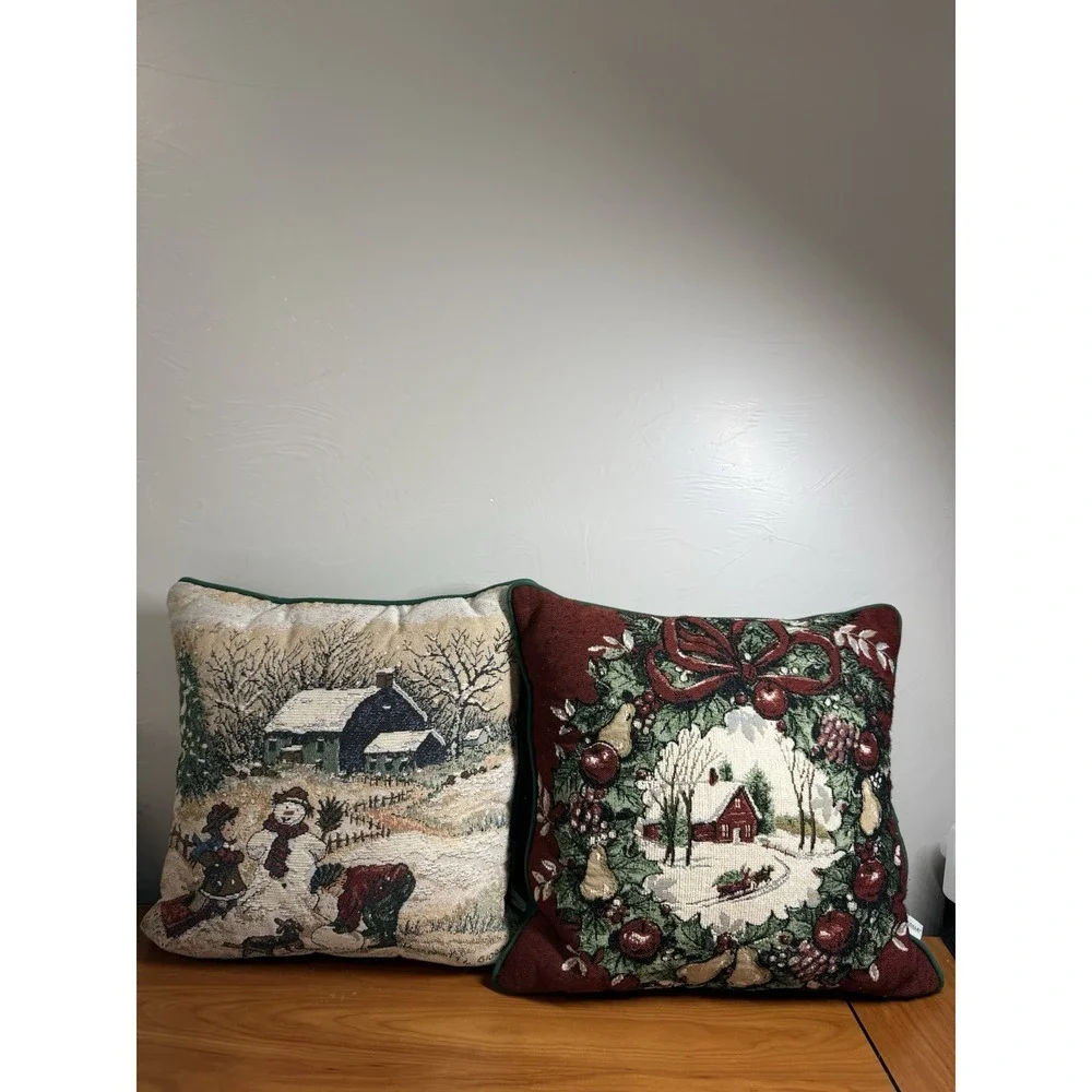 Vintage Riverdale Christmas Tapestry Pillows 15×15 Winter Barn Sleigh Wreath